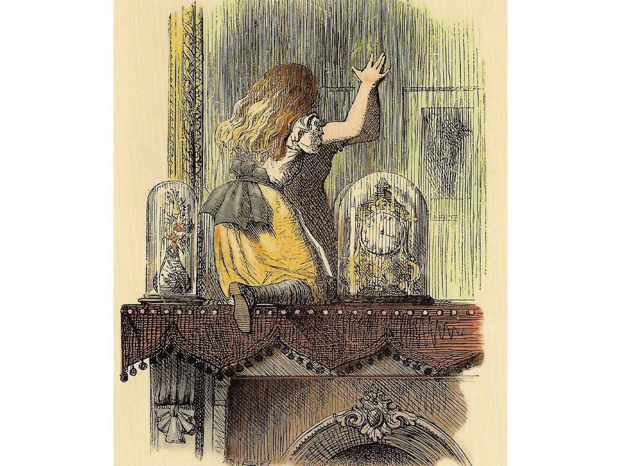 Alice átlép a tükrön John Tenniel illusztrációjában a Through the Looking Glass (Tükörország) könyvből.