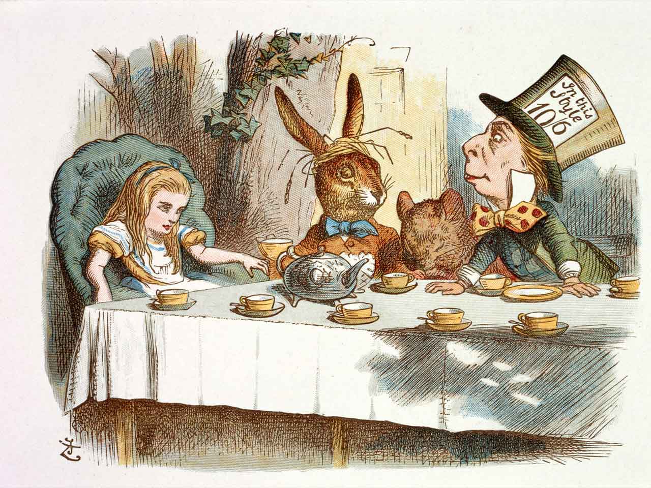 Ez az illusztráció John Tenniel híres műve, amely az Alice Csodaországban teapartiját ábrázolja. A képen Alice, a Bolond Kalapos, a Március Nyúl és a Dormouse láthatóak egy asztal körül ülve, teáscsészékkel körülvéve. A részletes rajzok és a karakterek élénk ábrázolása elvarázsolják az olvasókat, tökéletesen kiegészítve Lewis Carroll meséjének világát.