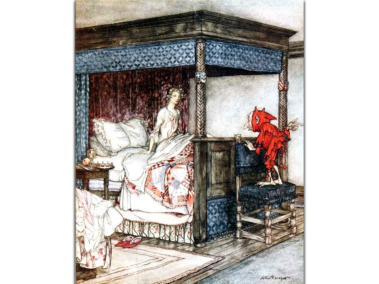 Baldachinos ágyban ülő hölgy, aki egy kis vörös lényt néz, Arthur Rackham illusztráció a "Young Beichan" balladához.