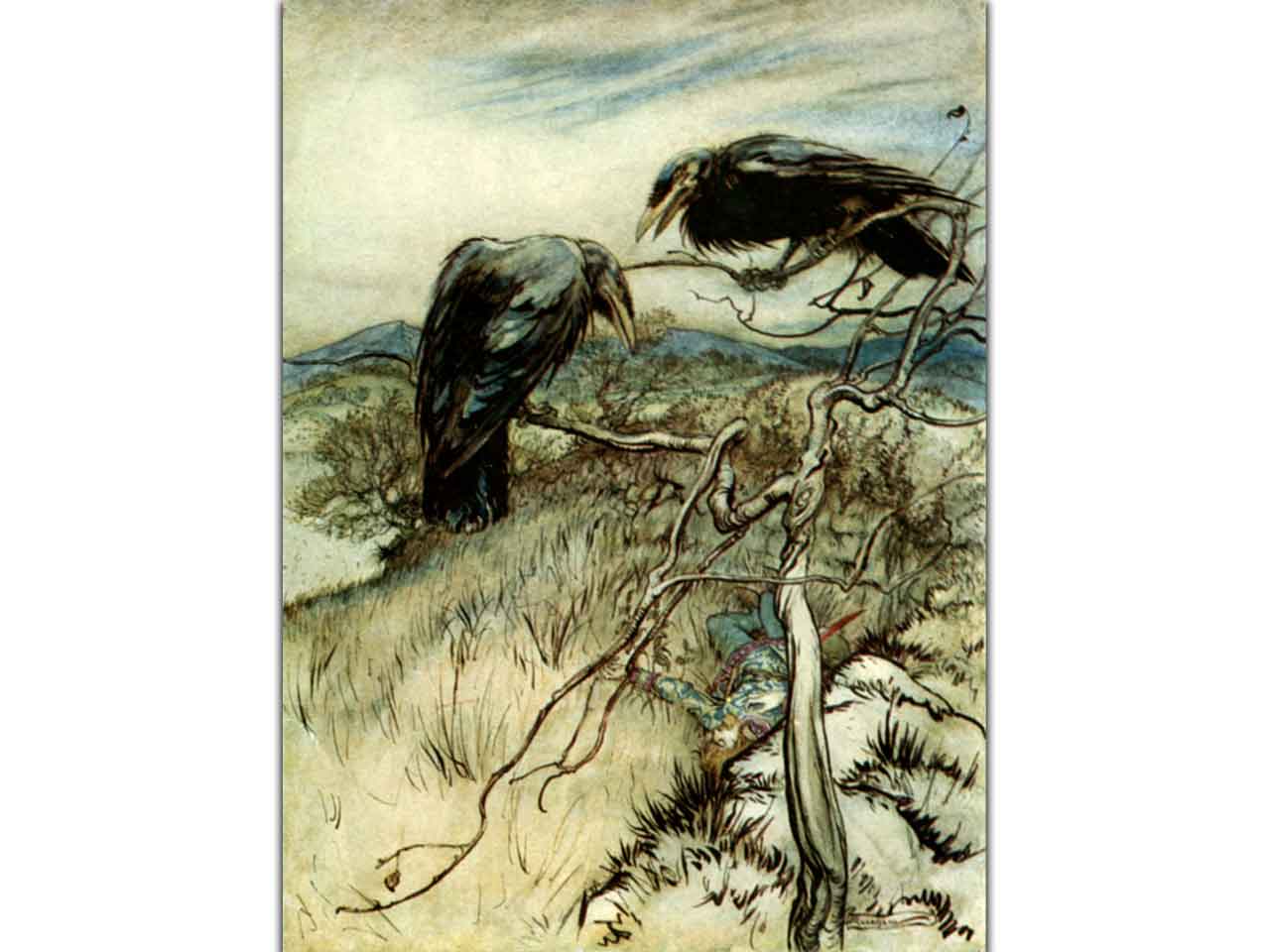 Két holló ül egy faágon, alattuk egy elesett lovag teste hever, Arthur Rackham illusztráció a "The Twa Corbies" balladához.