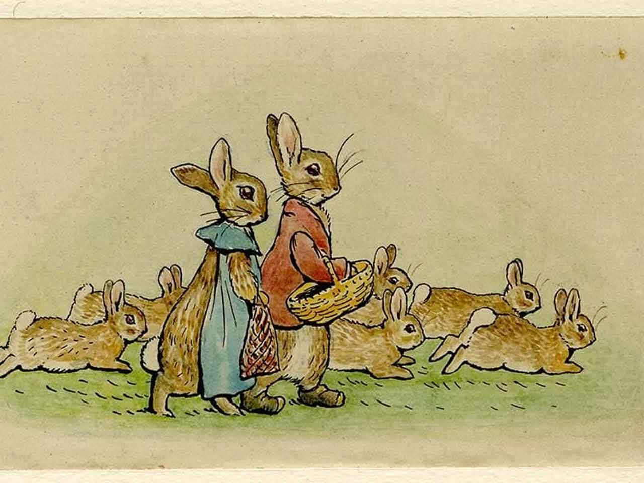 Beatrix Potter (sz. 1866), „ The Tale of The Flopsy Bunnies ”,  borítóillusztráció . Akvarell, 1909.