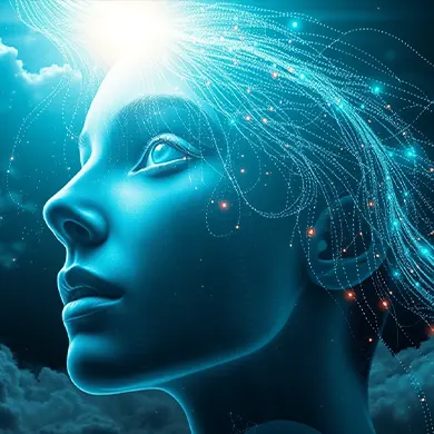 Absztrakt illusztráció egy női arcról digitális fényhálóval, az AI és kreativitás kapcsolatának vizuális megjelenítése.