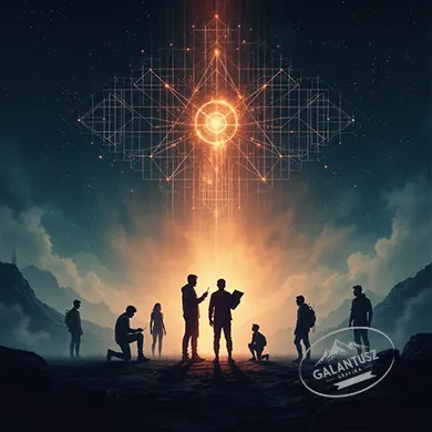 Emberek együtt terveznek egy bizonytalan környezetben, miközben egy absztrakt AI-struktúra jelenik meg az égben, grafikai illusztráció.