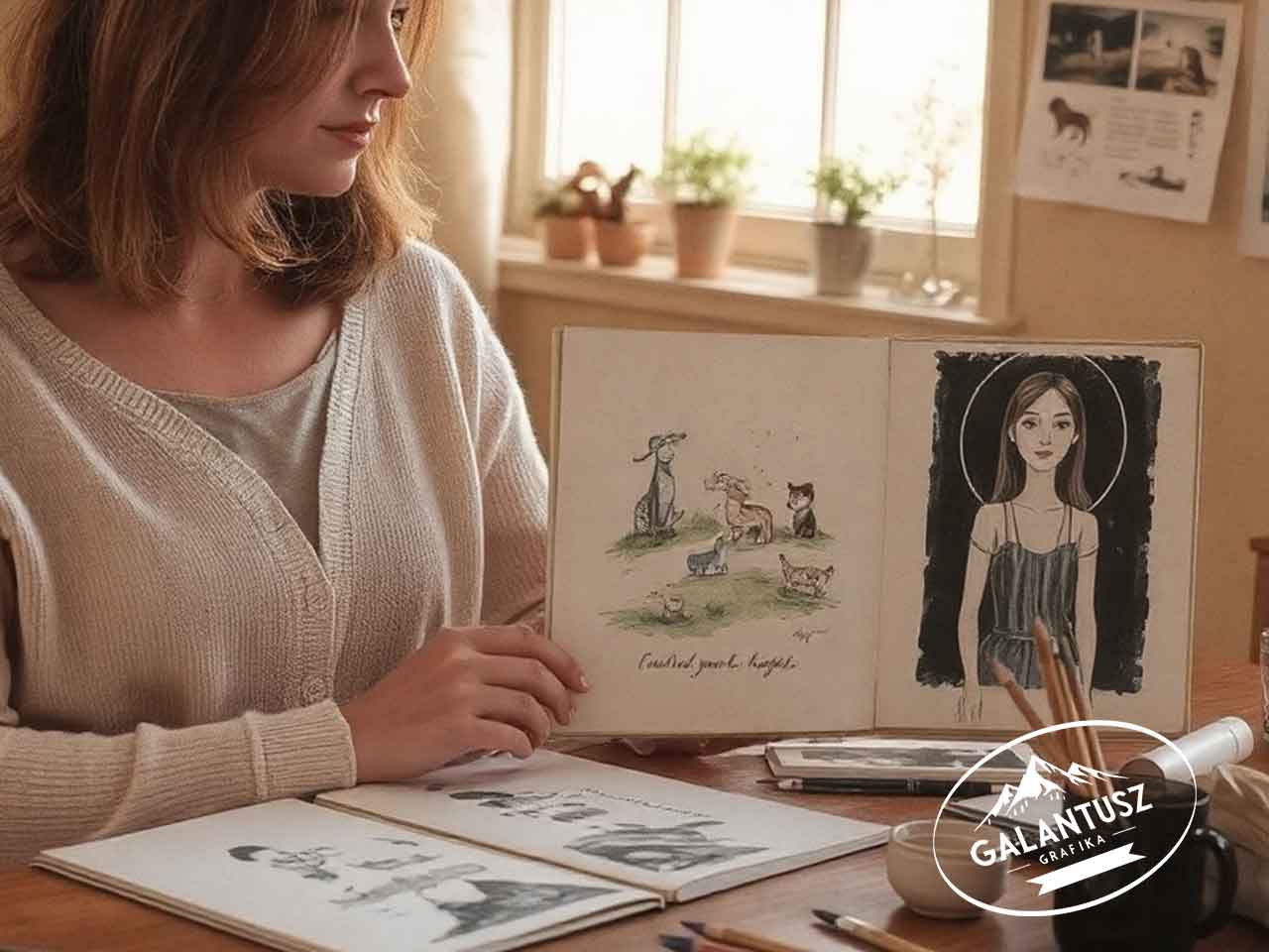 iatal női illusztrátor mutat egy nyitott sketchbookot, amelyben két különböző stílusú illusztráció szerepel: az egyik oldalon állatfigurák akvarell technikával, a másikon egy karakterportré fekete-fehér tónusban. A kép érzékletesen szemlélteti, hogy az illusztrátor képes váltani a stílusok között, miközben megőrzi az önazonosságát. Ideális illusztráció stílus- és karakterváltás témájú tartalomhoz.