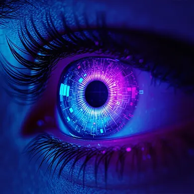 Neon színű futurisztikus szem digitális mintázattal, AI témájú illusztráció.