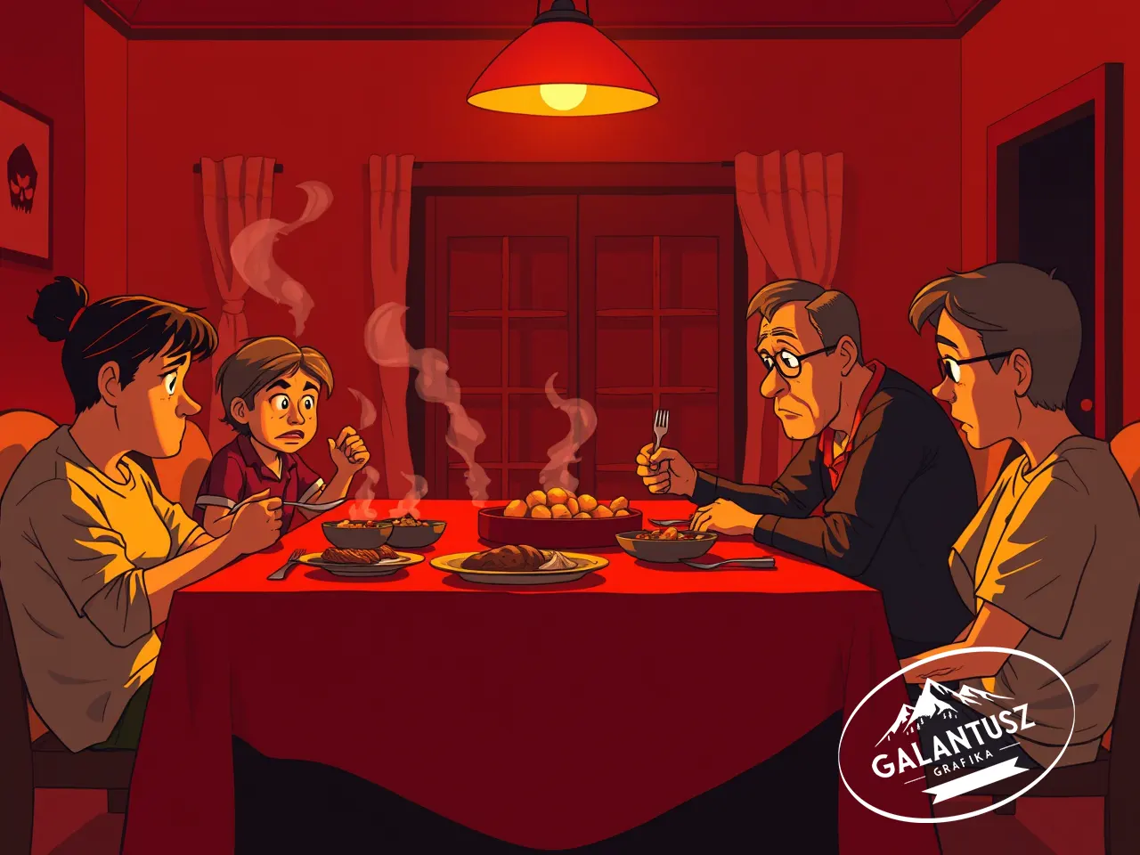 Feszült családi vacsorajelenet illusztráció meleg színekben, vizuális feszültséget keltő kompozícióval – a Galantusz-módszer szemléletében, vizuális nevelés céljából