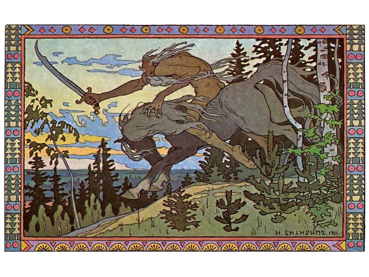 Ivan Bilibin illusztrációja kardot tartó lovassal, aki fenyőerdőn vágtat át – orosz népmese, dekoratív meseillusztráció.