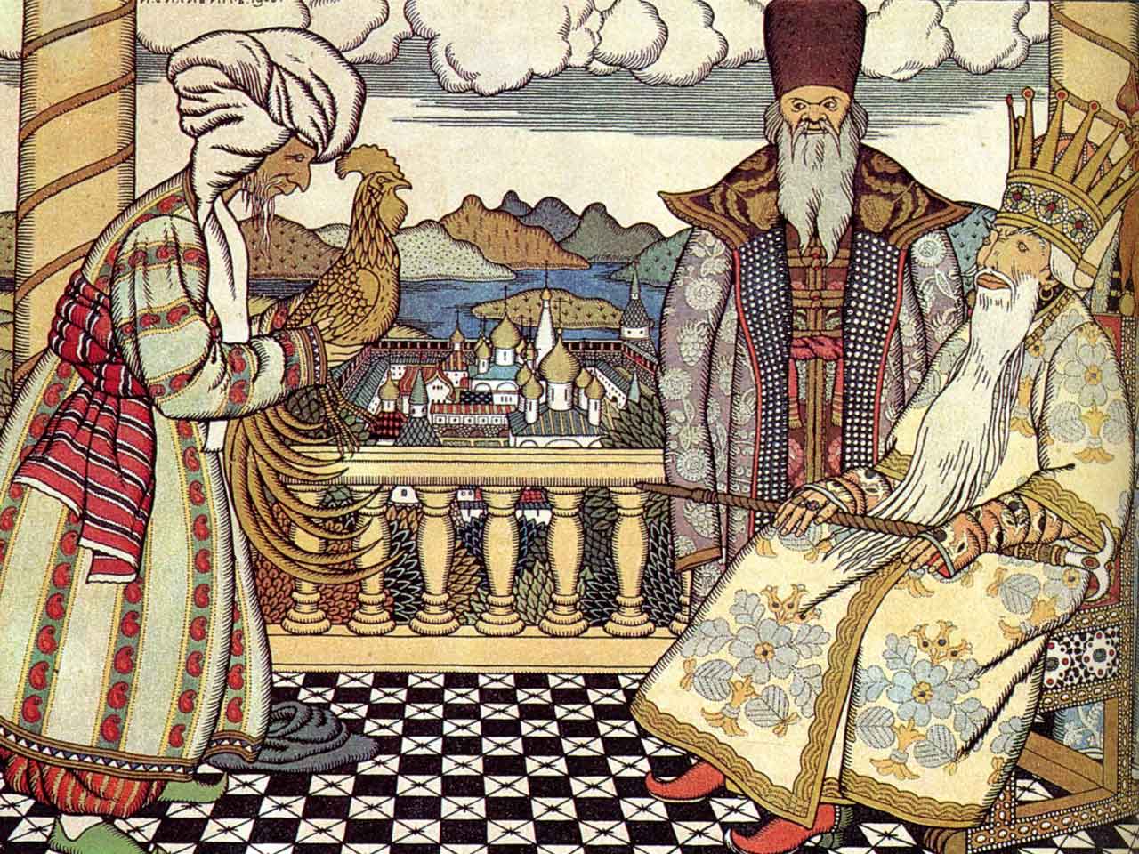 van Bilibin illusztrációja Puskin Az aranykakas meséje című művéhez: a csillagjós Dádon cár előtt áll, részletgazdag népmesei jelenet.
