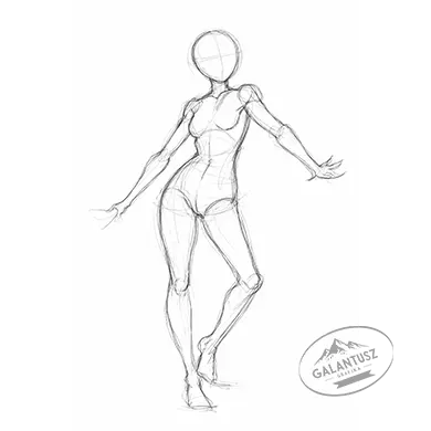 Emberi karakter testtartását és arányait bemutató vázlat, amely a szereplő vizuális alapjait szemlélteti.