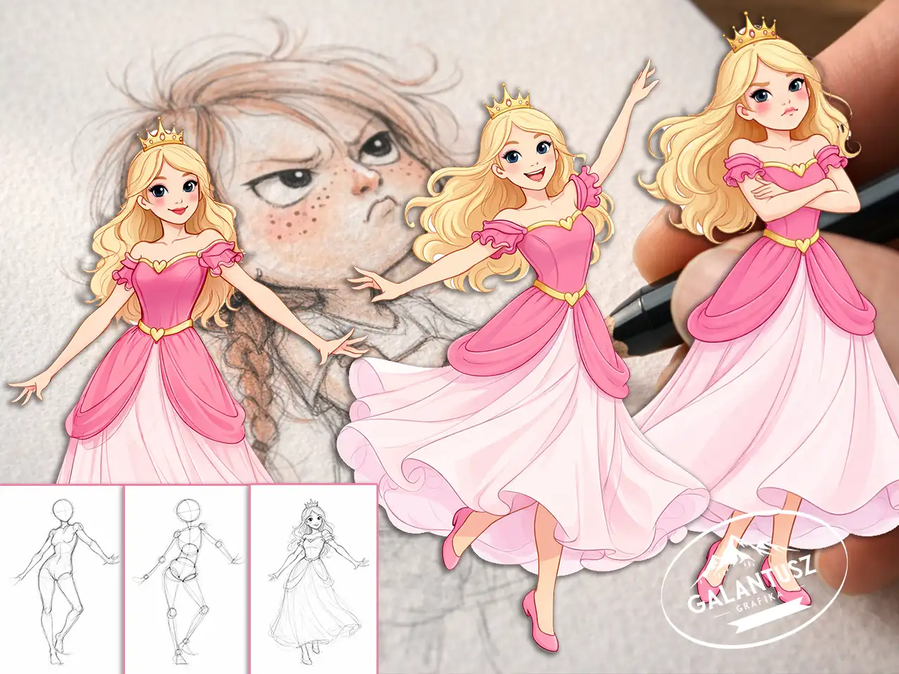 Egy mesekarakter fejlődése a testtartás-vázlattól a végleges illusztrációig, több érzelmi változatban.