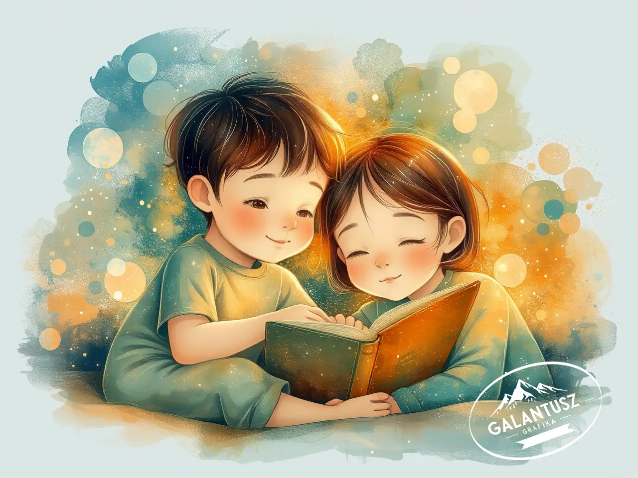 Két kisgyerek közösen olvas egy mesekönyvet meleg–hideg színátmenetes háttérrel, gyerekillusztráció, Galantusz Grafika.