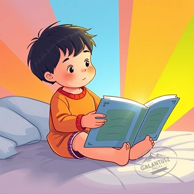 Gyerek mesekönyvet olvas színes fényekkel körülvéve, a színek érzelmi és kognitív hatását bemutató gyerekkönyv-illusztráció.