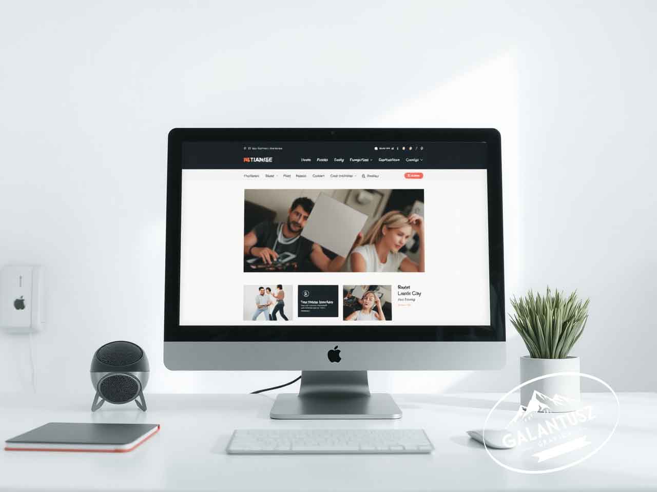 A képen egy modern, minimalista irodai környezet látható, középpontban egy valósághű számítógép monitorral, amelyen egy üzleti weboldal vizuális felülete jelenik meg. A letisztult háttér, a neutrális színek és a természetes fény professzionális, bizalomkeltő hangulatot sugároznak, kiemelve a vizuális kommunikáció fontosságát a marketingben.