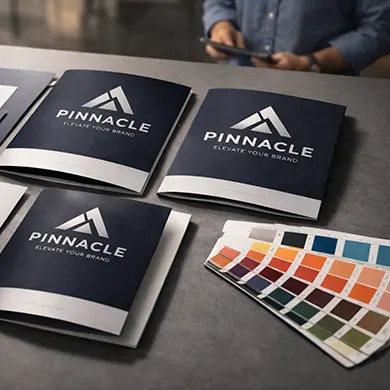 Egységes arculatú kiadványok és márkaanyagok asztalon, amelyek a vizuális első benyomás és a hiteles megjelenés szerepét mutatják be.