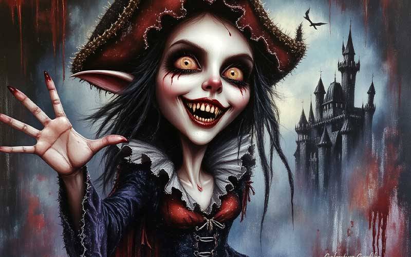 gótikus vámpír kalóz karakter, halloween horror illusztráció, kísértetkastély háttérrel, fantasy grafika