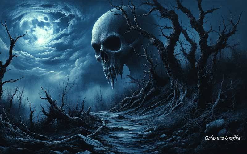 sötét fantasy illusztráció, halál árnyéka, koponyás szellem az erdő mélyén, misztikus horror jelenet