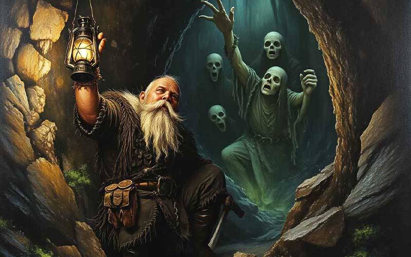 törpe karakter sötét barlangban, fantasy illusztráció könyvborítóhoz vagy kalandmodulhoz