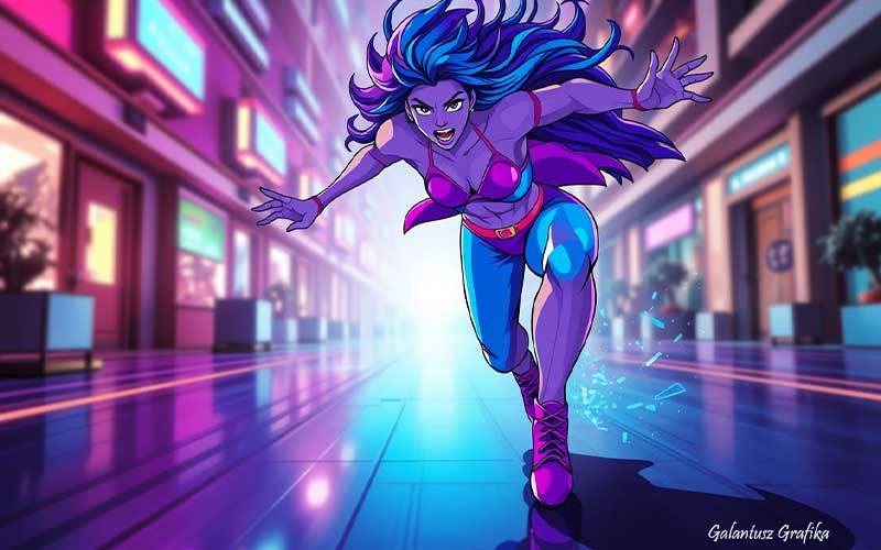 szuperhősnő cyberpunk stílusban, városi akció jelenet, rajzfilmszerű illusztráció, neonfényes háttér