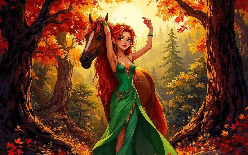 őszi erdő tündérrel és lóval, fantasy meseillusztráció, mesés rajzfilmszerű kép, gyerekeknek szóló digitális illusztráció