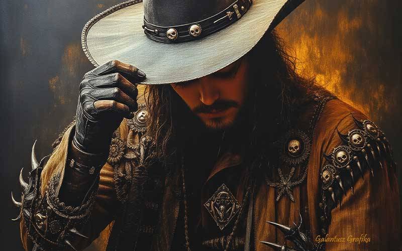 titokzatos steampunk harcos portré, sötét tónusú karakter, részletgazdag kalappal és ruházattal, fantasy marketingképhez