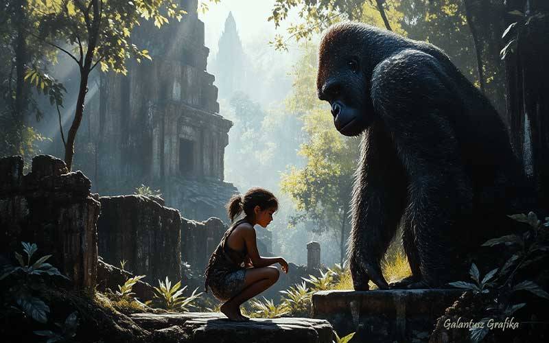 mesés illusztráció gorillával és kislánnyal, találkozás az őserdőben, elhagyott templomrom, fantasy jelenet