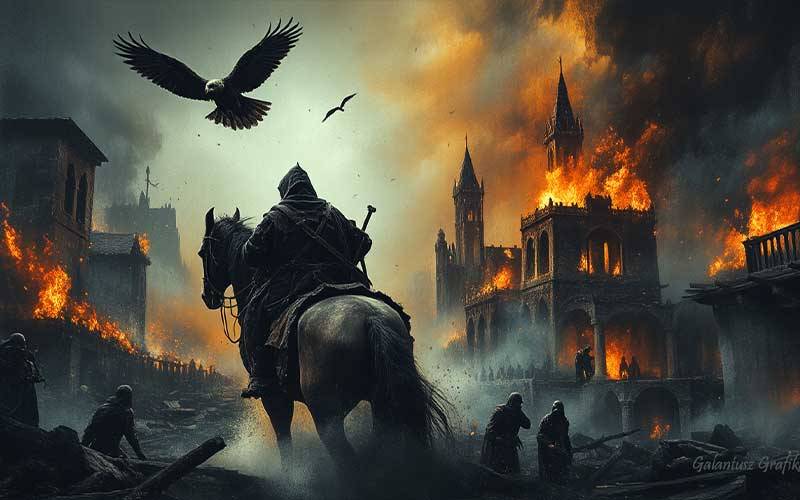 középkori fantasy város lángokban, lovas harcos és égő tornyok akciójelenetben
