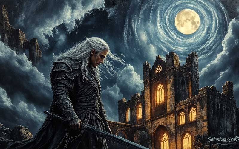 holdfényes fantasy jelenet harcossal, romos kastély éjszakai égbolttal, sötét mágikus illusztráció